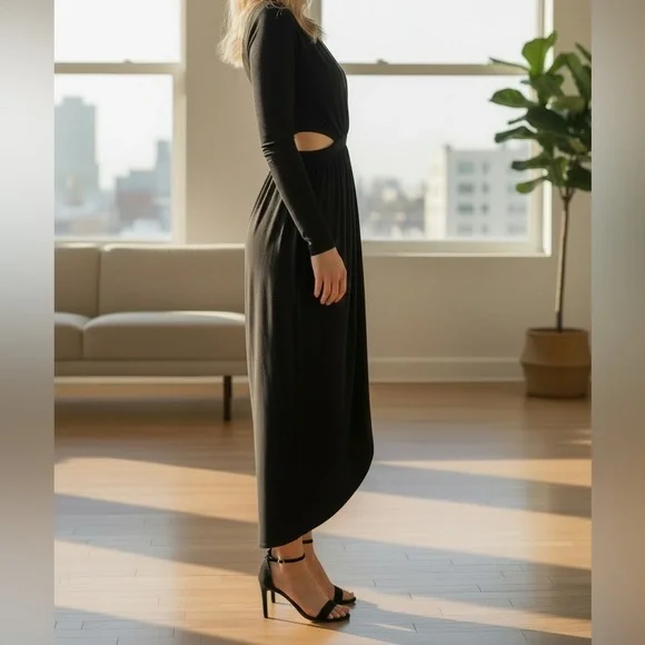 Boohoo Black Long-Sleeve Cutout Wrap Midi Dress - Picture 3 of 11